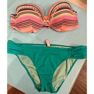 Victoria's Secret Bandeau Striped Bikini Boho Top 34C with Teal Bottoms Med